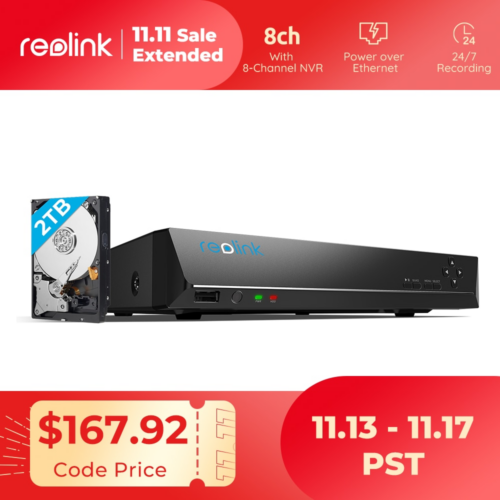 [4K NVR,Human/Car Detecion] Reolink 8ch NVR for Reolink 4MP/5MP IP Camera 24/7 Recording H.264 Video Recorder 2TB HDD RLN8-410