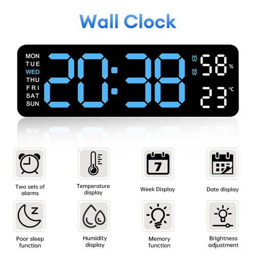 Digital Wall Clock Large LED Screen Time Week Temperature Humidity Display Electronic Alarm Clock For Bedroom Living Room